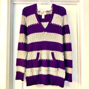 Y2K OP Royal Purple Stripe Long Hooded Sweater V-neck Kangaroo Pocket L